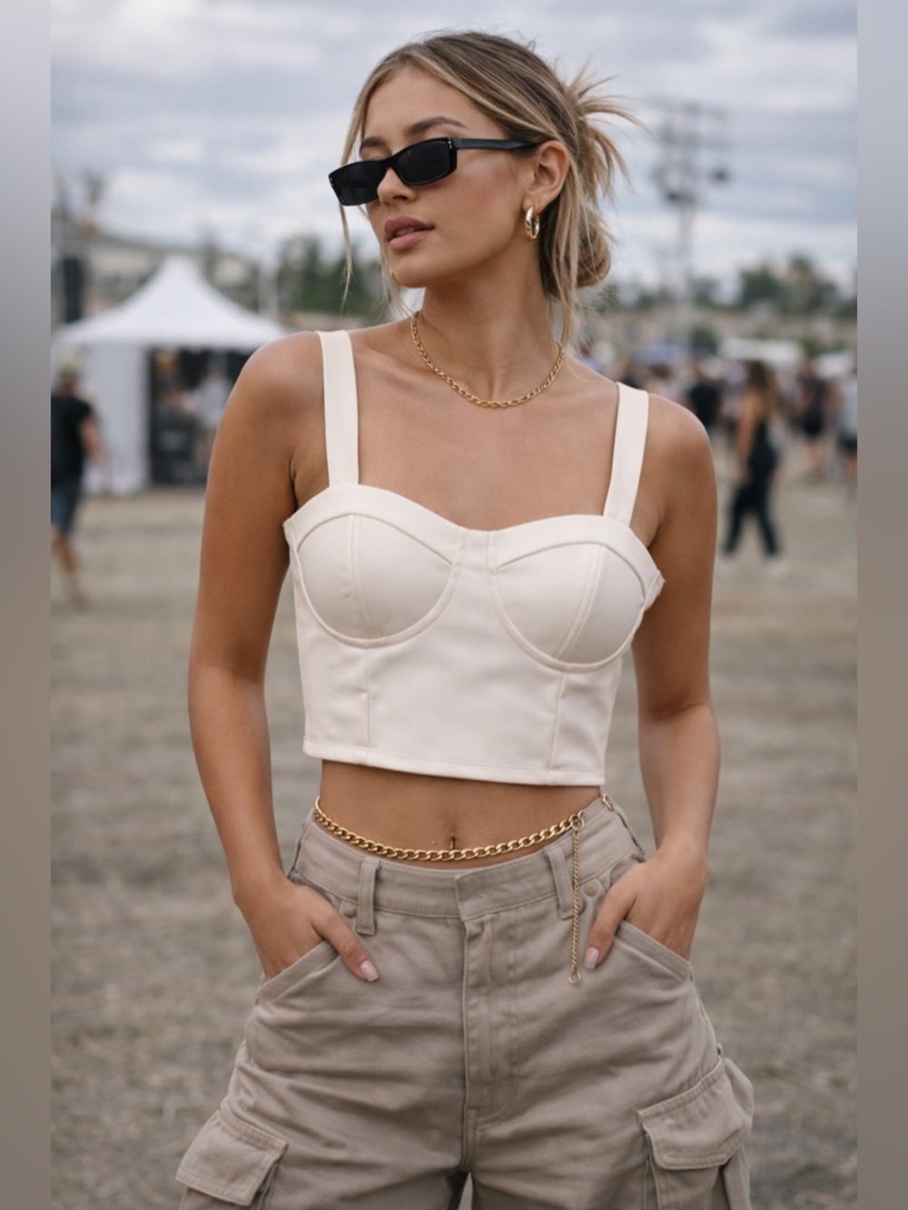 NWT Cream Faux Leather Corset Bustier Top Size S Structured Crop Festival Chic